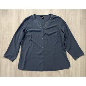 Norton McNaughton Womens Blouse Grey Plus Size 2X Button-Up Long Sleeve Top